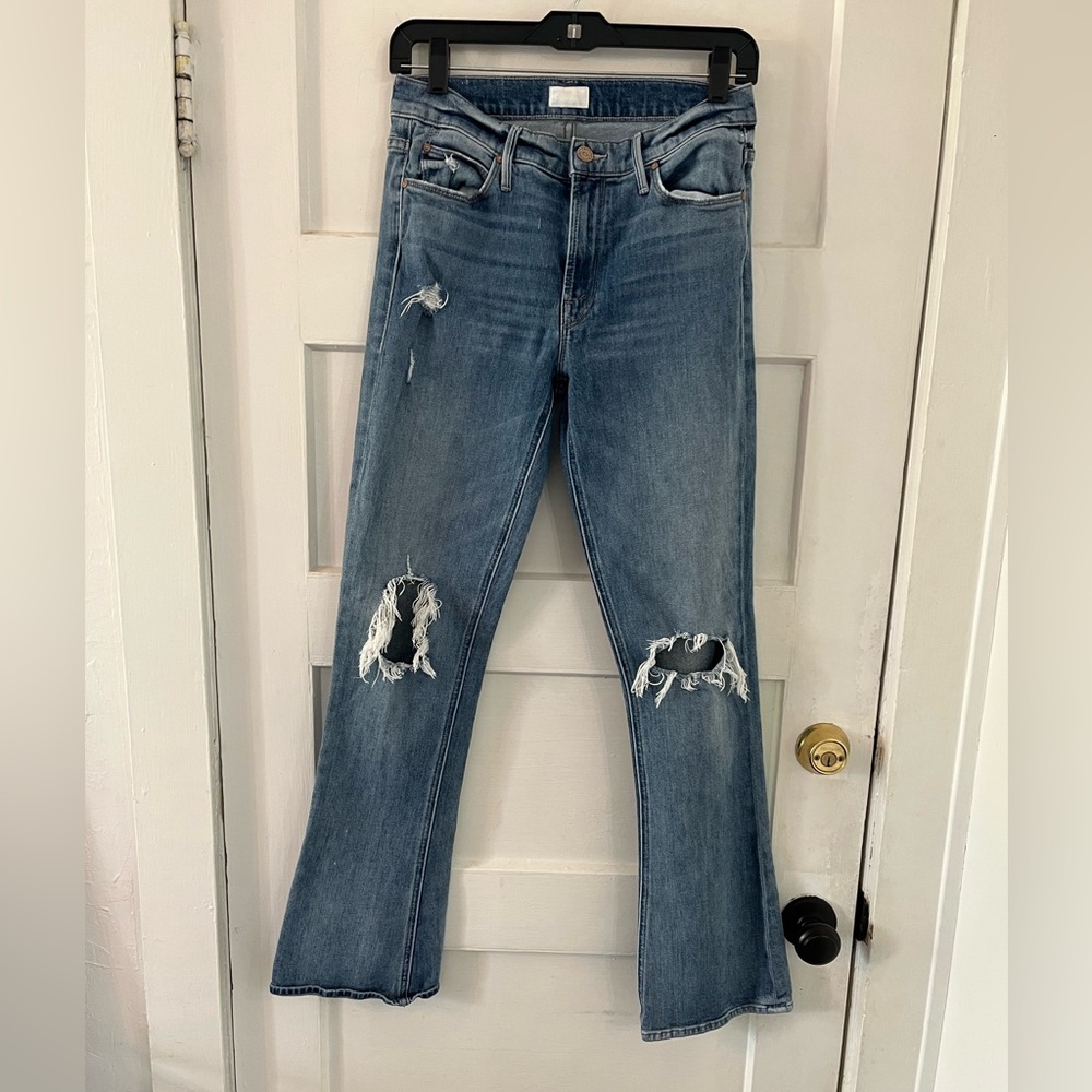 MOTHER The Runaway Weekender Bootcut Flare Helter Skelter Distressed Jean Sz 28